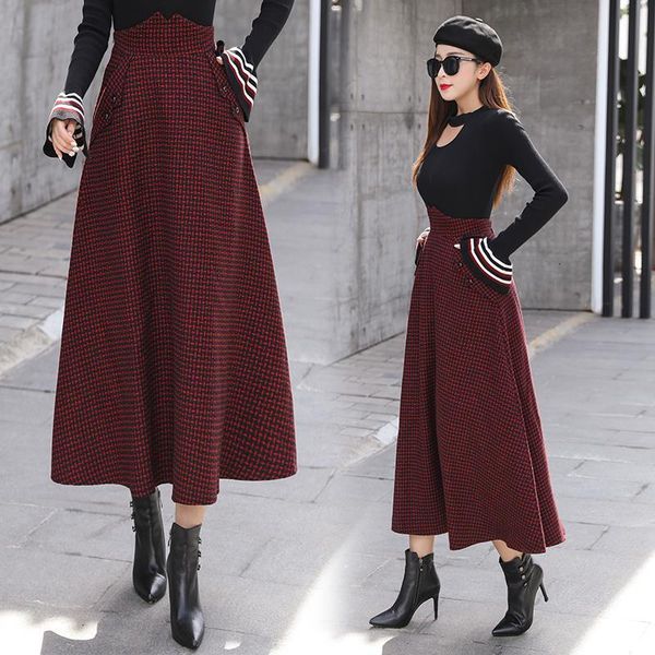 

brand woman skirt 2020 autumn winter skirts womens plus size clothes tall waist korean style plaid woolen cloth clothing, Black