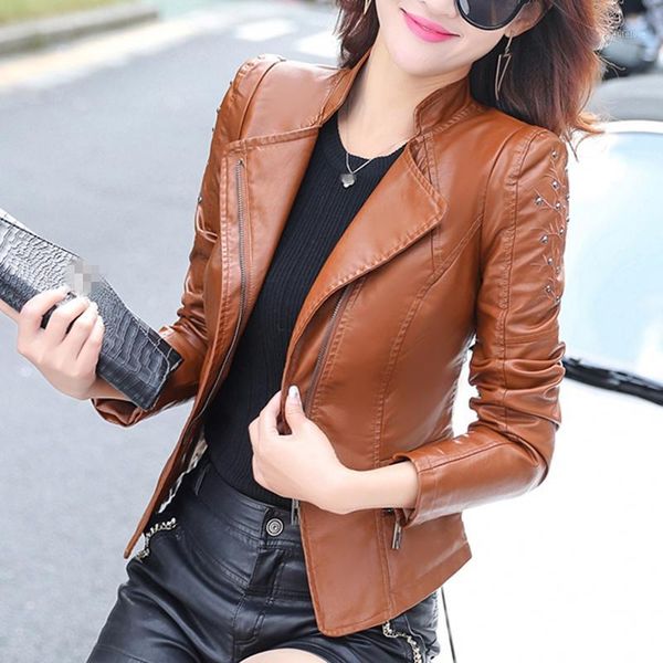 

korean clothes 2020 spring autumn fashion leather jacket women pu zipper embroidery rivet coat casual women outwear c013061, Black;brown