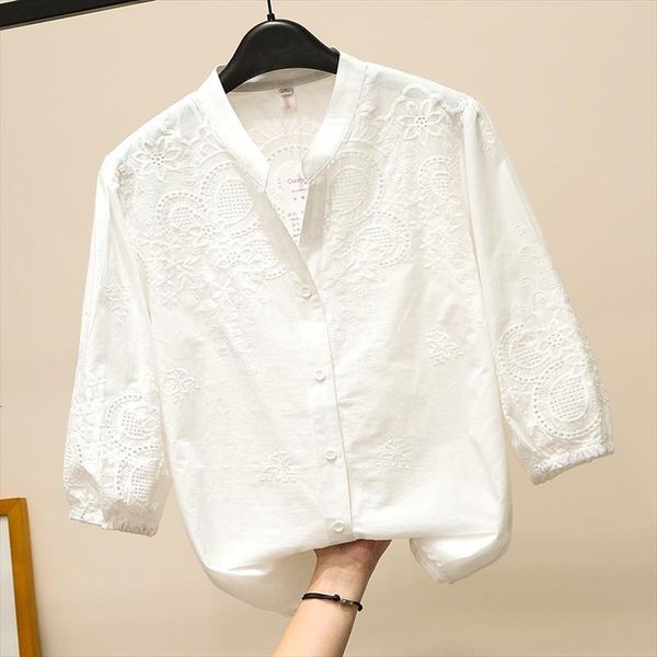 

feminine v neck hollow out embroidery candy color cotton half sleeve shirt blouse drop shipping good quality, White
