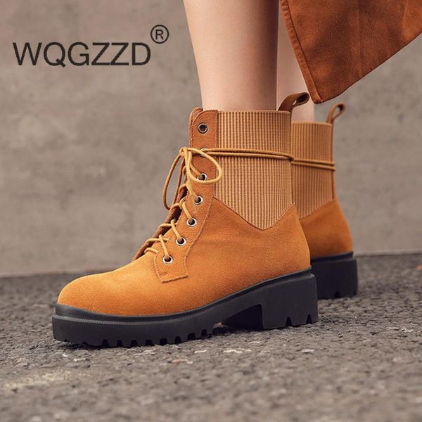 

2020 new winter shoes women's motorcycle boots full grain leather lace-up mid-calf boots women's casual shoes zapatos mujer, Black