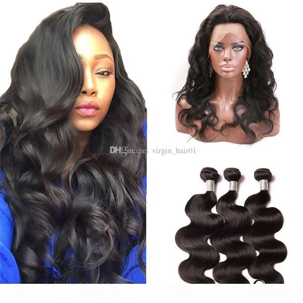 

brazilian 360 lace frontal with bundles body wave wavy #natural color human hair weave 3 bundles with 360 full lace frontal closure, Black;brown
