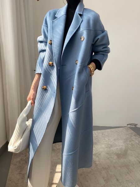 

women's wool & blends autumn/winter fashion 10% cashmere 90% woollen coat double breasted long lapel, Black