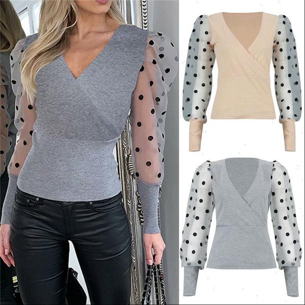 

women fashion long sleeve sheer mesh blouse puff sleeve vintage polka dot printed sleeve slim knitted blouse shirts, White