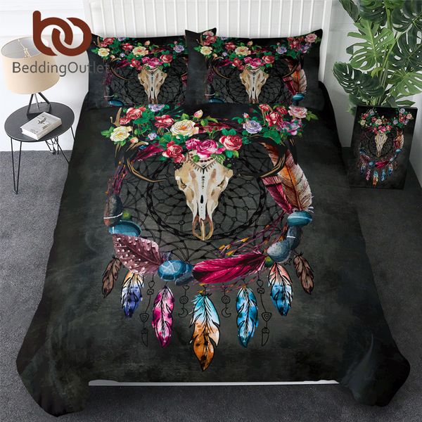 

beddingoutlet boho dreamcatcher bedding set tribal horns flowers duvet cover rustic bedclothes skull black gothic home textiles 1012