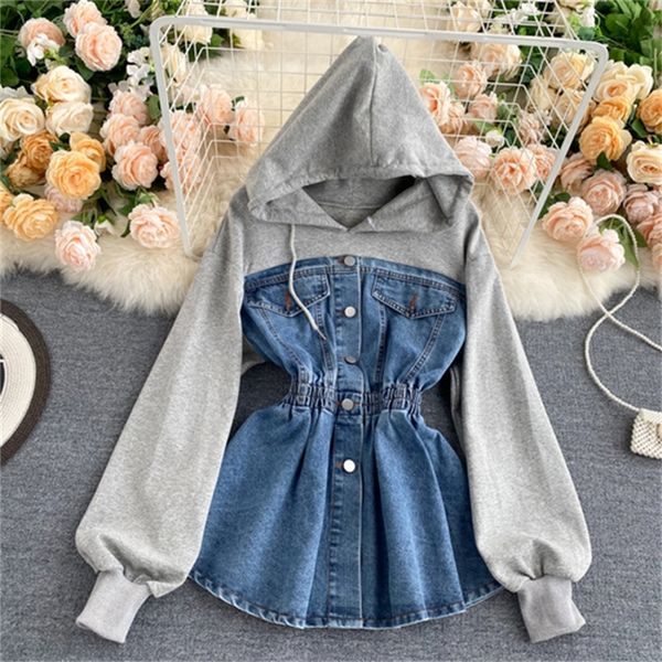 

2021 new design sense fried street sweater casual hooded long sleeve stitching retro denim waist emt3, Black
