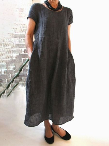 

style solid 2019 loose new chinese color cotton linen medium length dress, Black;gray