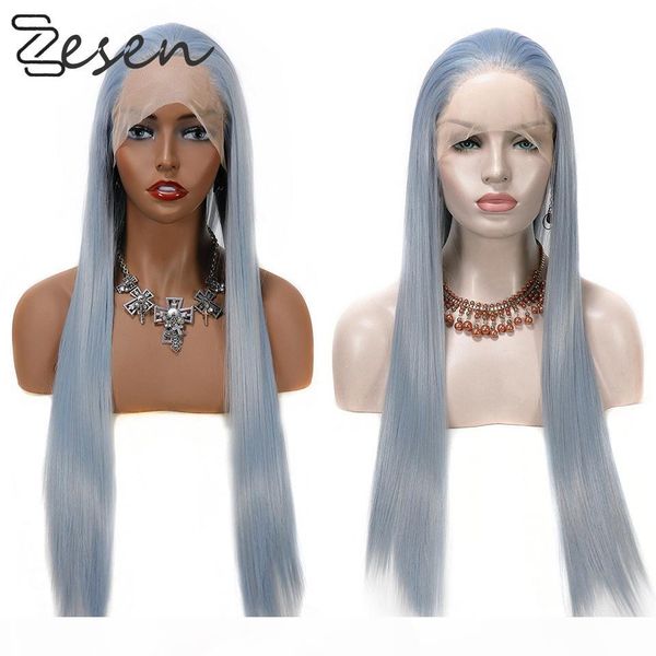 

zesen grey color wig synthetic 13*4lace front wigs for white women part long wig heat resistant fiber with baby hair, Black