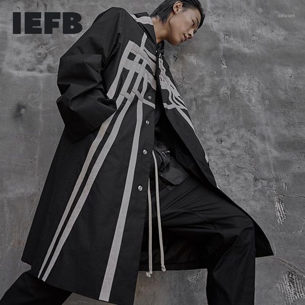 

iefb hip hop fashion design new ribbon patchwork color block mid length black windbreaker high street trend trench coat 9y43691, Tan;black