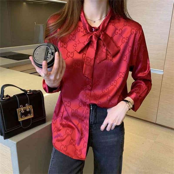 

early spring retro hong kong style new shirt long sleeve satin drape bowknot slim print shirt, White