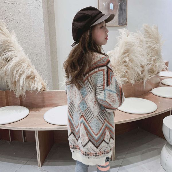 

korean sle 2020 children's foreign winter geometric clothing pattern turtleneck sweater girls' versatile wool drs, Blue