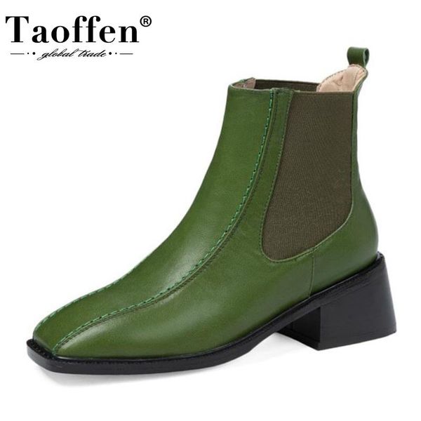 

taoffen real leather woman ankle boots elastic thick high heel winter shoes women warm slip on short boot footwear size 33-40, Black