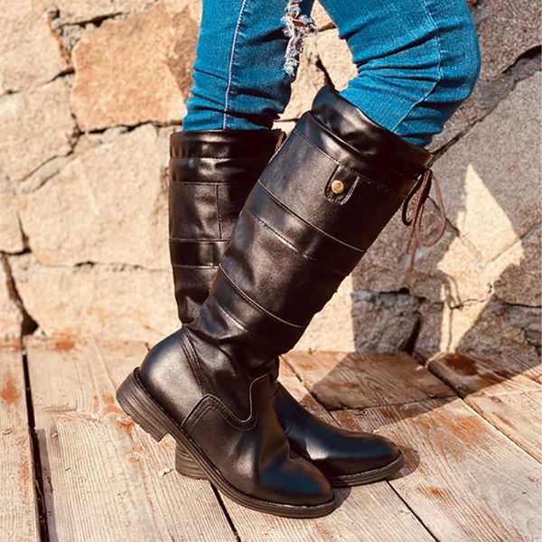 

horse riding boots lace-up cow leather dressage boots knee-high equestrian boot women round toe square heel shoes, Black