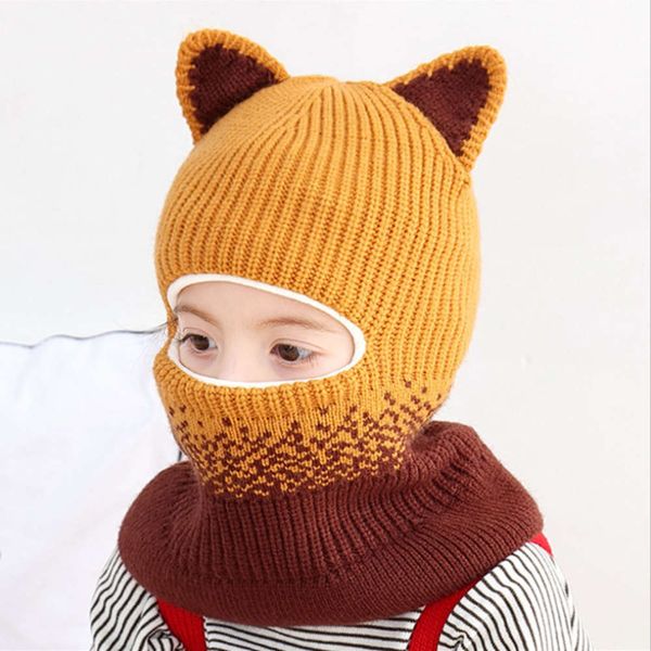 

children's hat bib, boys and girls' one-piece ear protection head cap, warm, windproof, face protection, baby's wool hat, Red;brown