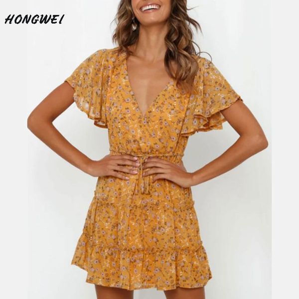 

elegant v-neck ruffle women summer dress casual a line female floral prints short sundress holiday ladies vestido beach 20201, Black;gray