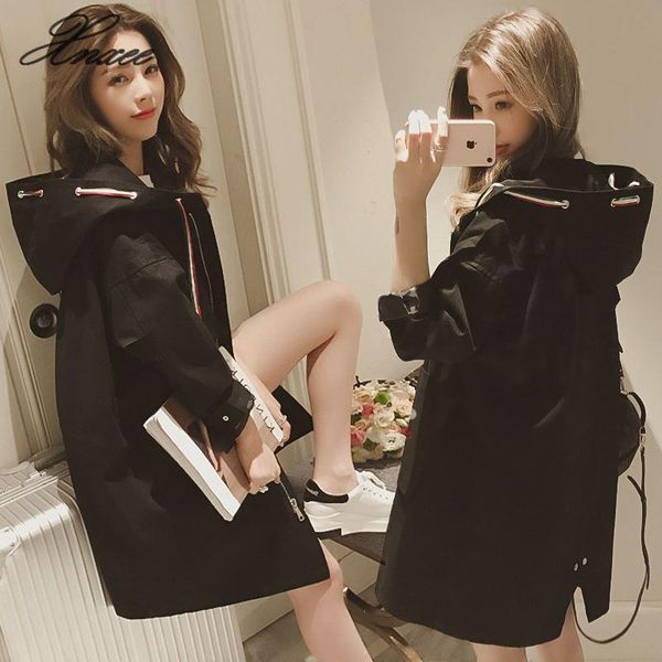 

women's trench coats women loose coat autumn winter hooded long windbreaker female business outerwear students, Tan;black