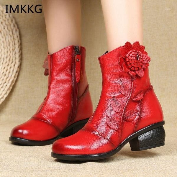 

2020 autumn fashion women genuine leather boots handmade vintage flower ankle botines shoes woman winter botas v2811, Black