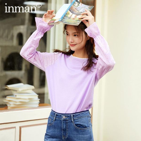 

inman 2020 autumn new arrival flare sleeve long sleeve female stitching embroidery contrast color wave collar youth sweater1, White;black