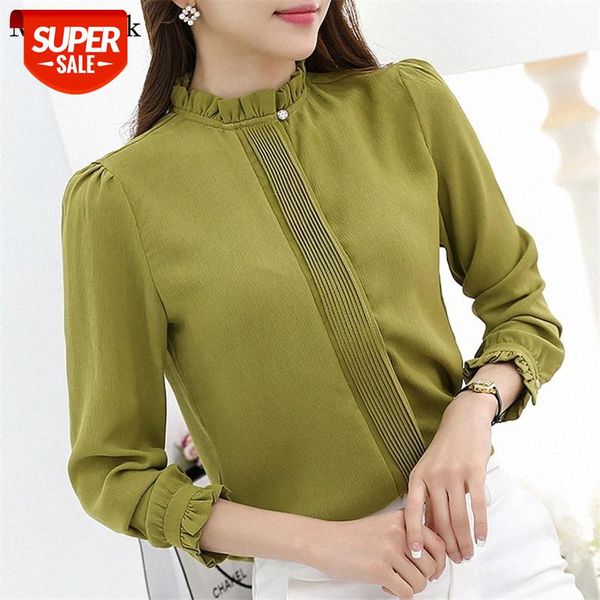 

autumn plus size chiffon women blouse ruffles o-neck long sleeve blouses women casual office lady white shirt blusas 56c #8l48