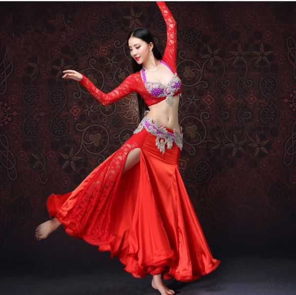 

luxury 4 piece set bling bling rhinestone belly dance costume jacket bra belt lace skirt egyptian dance outfit red white s m l, Black;red