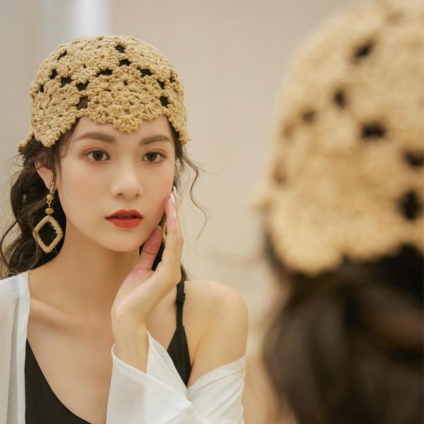 

hollowed knit fashion cap hand woven beanie hat spring autumn vintage female art pgraphy headdress thin breathable cap, Blue;gray