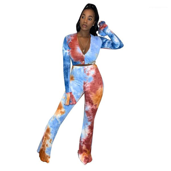 

короткие tshirt высокой талией загрузки cut брюки женские градиент из двух частей брюки женщины tie dye одежды костюм с длинным рукавом v ше, White