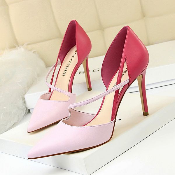 

2021 new style sweet fashion women's high-heeled lips pointed colors mixed to-line fine-heeled shoes kfwy, Black