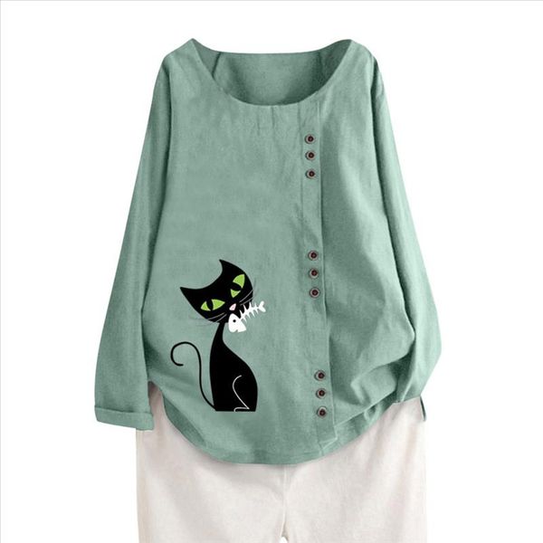 

plus size womens and blouses harajuku cats printed o neck shirt soft cotton linen long sleeve tunic with buttons camisas, White