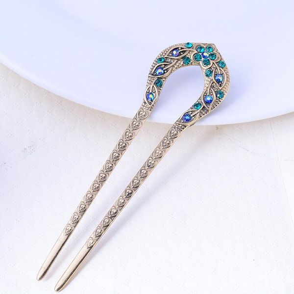 

vintage hair accessories antique bronze plated hairpins u shape hair stick pin women rhinestone flower hair jewelry, Black;brown