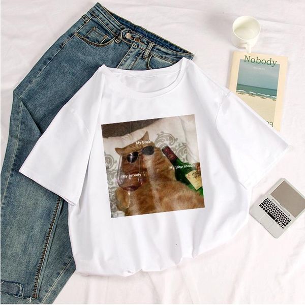 

моя депрессия мой мозг моя тревога футболка spoof личности новый летний кошка печать harajuku мода повседневная свободная женская одежда, White