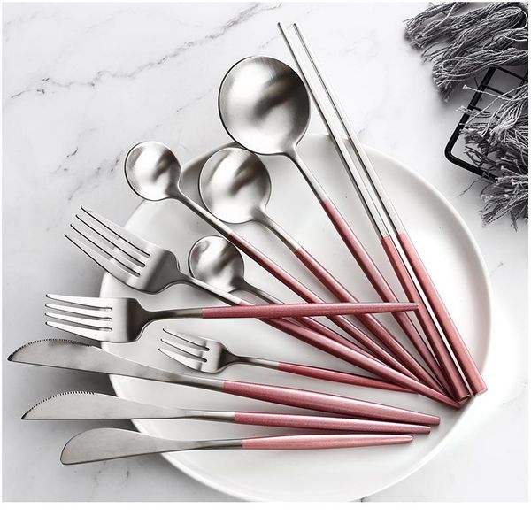 

pink silver stainless steel western tableware steak knife fork coffee spoon teaspoon butter knives chopstick gold cut bbytnb