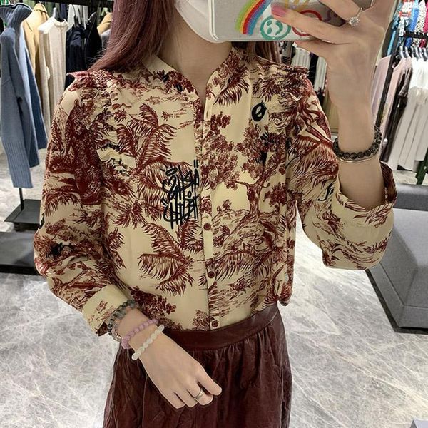 

женщины с длинным рукавом ruffled блуза офис дамы o-образным вырезом 100% вискоза ретро шаблон печати рубашка однобортный блузы top shirt, White