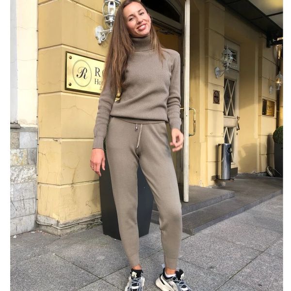 

two piece set women knit sport suits thick warm turtleneck women sweater + drawstring harem pants winter jogging outfits, Gray