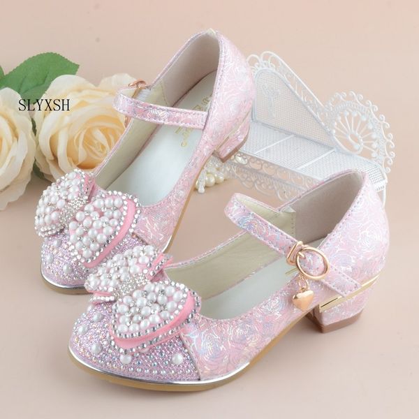 

summer 2020 new children princess sandals kids wedding high heels dress party shoes for girls leather bowtie, Black;red
