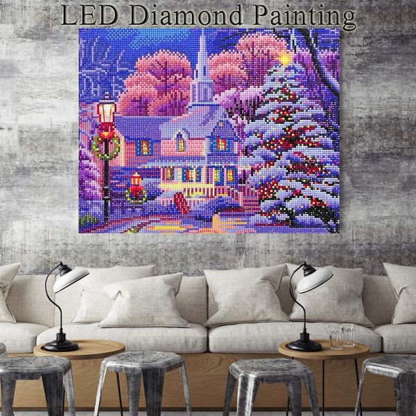 Huacan Diamond Ricamo FAI DA TE LED Light Diamond Pittura Paesaggio Diamante Mosaico Inverno 30x40cm con telaio Decorazione natalizia 201202