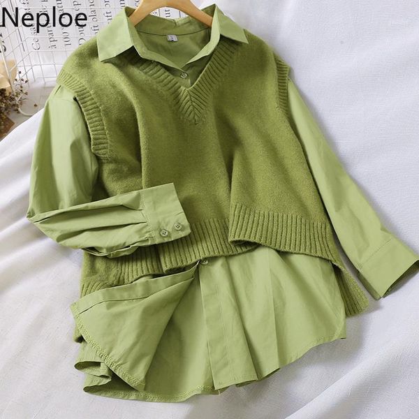 

neploe turn down collar long sleeve solid blouse v neck loose knitted vest shirt autumn spring new 2020 elegant wild blusas1, White