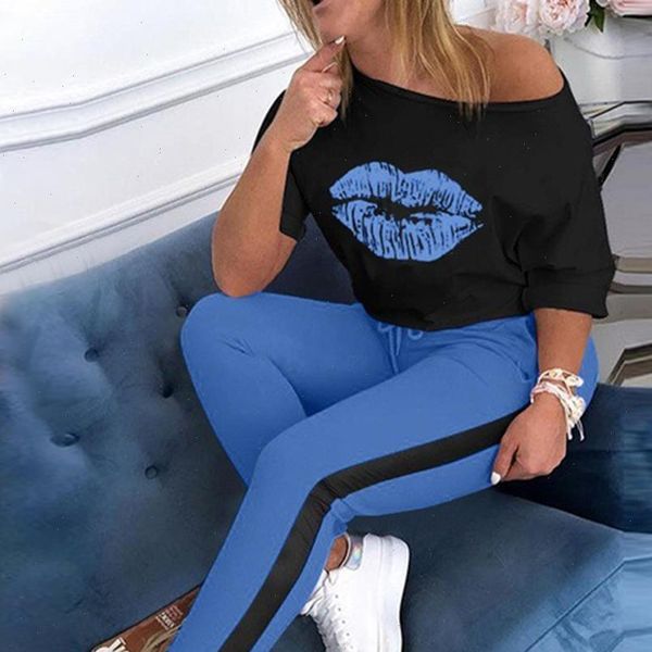 

women 2 piece outfits lip printed long sleeve pullover sweatshirts harem pants jogger set female casual tracksuit sweat suits, Gray