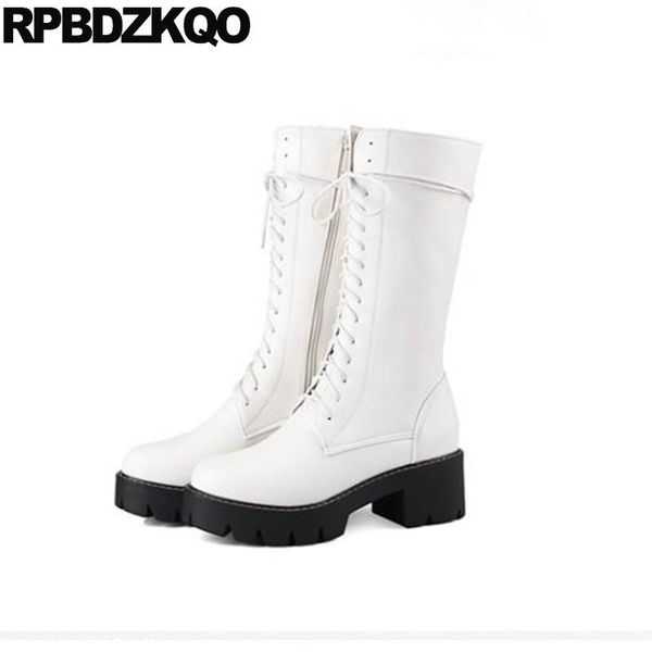 

platform fashion combat white waterproof winter boots women shoes 10 2020 lace up round toe mid calf big size chunky, Black