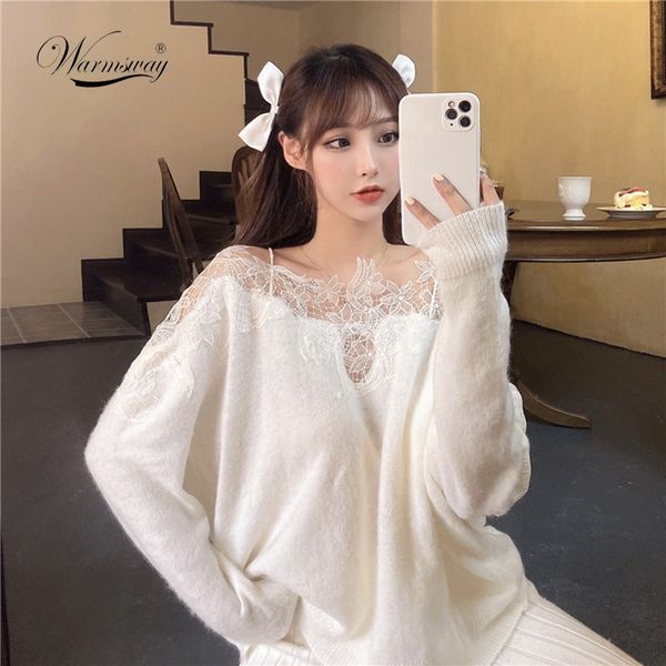 

2021 spring new classic knit women sweater lace patchwork slash neck hollow bardot collar long sleeve basic pullover c-040 h1211, White;black