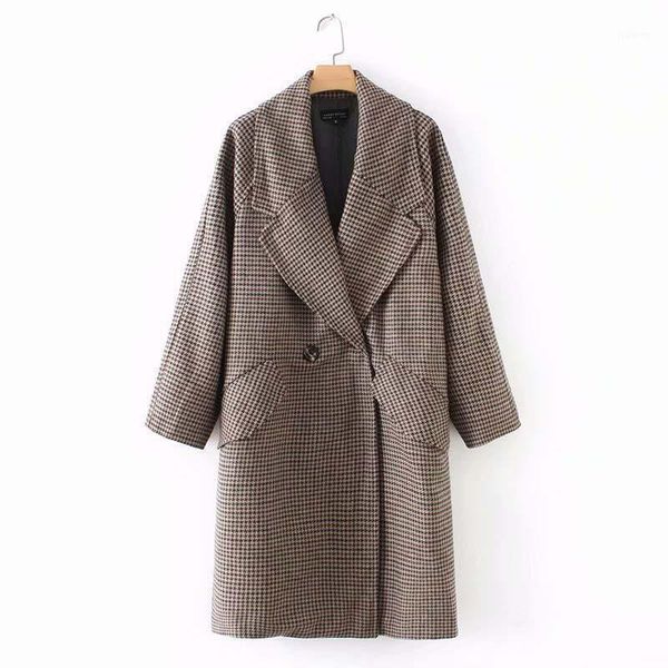 

selling new fashion women stylish plaid long coat pockets long sleeve double button outerwear female casual loose chic coat1, Black