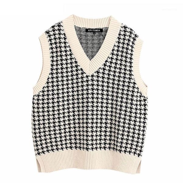 

women's vests women's sweater vest 2021 fashion oversized houndstooth knitted vintage sleeveless side vents female waistcoat1, Black;white