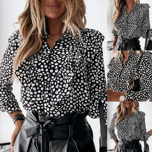 

women new fashion elegant v neck ruffle dot print long sleeve blouse office pullover shirt office blouse slim casual s 3xl, White