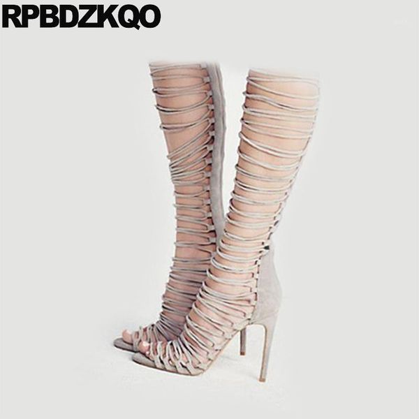 

boots stiletto knee high fashion big size open toe heel sandals plus fetish lace up extreme 10 shoes women 20211, Black