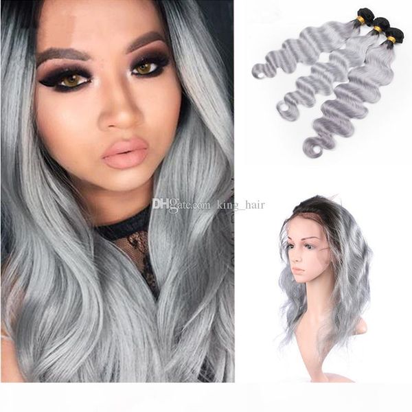 

ombre #1b grey hair bundles with 360 lace band frontal dark root sliver grey body wave hair extension with pre plucked frontal, Black