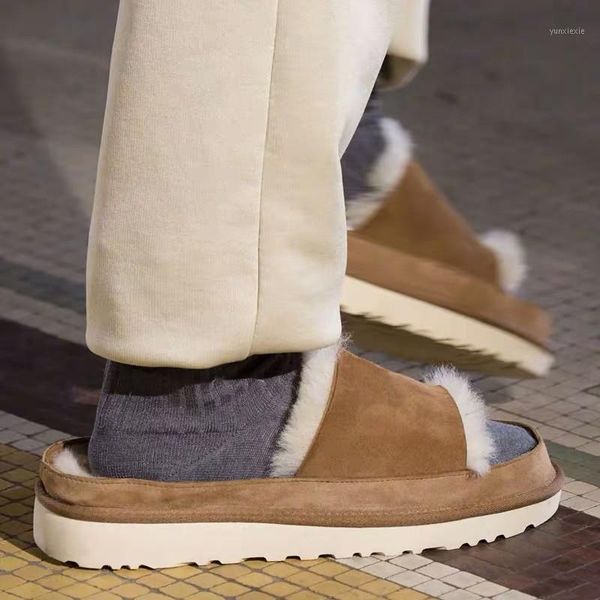 

2020 flat bottom natural fur slippers women wear sheep fur in winter with a thick bottom cotton slippers1, Black