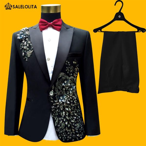 

2021 plus size men suits s-4xl fashion black sequins embroidered male singer slim performance party prom costumes jacket+pants, White;black