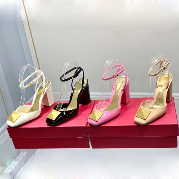 

latest fashion thick heel women's sandals 9cm high heel dress shoes black patent leather gold buckle ankle band banquet designer factor