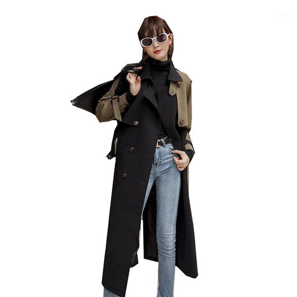 

trench coat for women black long section autumn hit color korean waist was thin thick british style stitching coat y3601, Tan;black