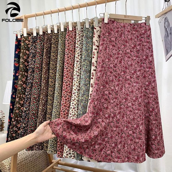 

folobe 2020 vintage autumn winter shredded flower skirt women corduroy high waist mermaid skirt casual printed mid-calf1, Black