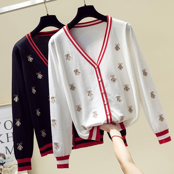 

fashion designer bees embroidery cardigan autumn women knitted sweater coat v-neck single breasted outwear female cardigans 201007, White;black