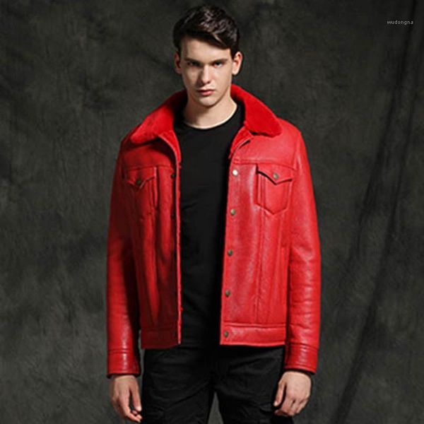 

2020 new men red sheepskin fur shearling jackets slim winter thicken warm soft natural sheepskin leather genuine coats1, Black